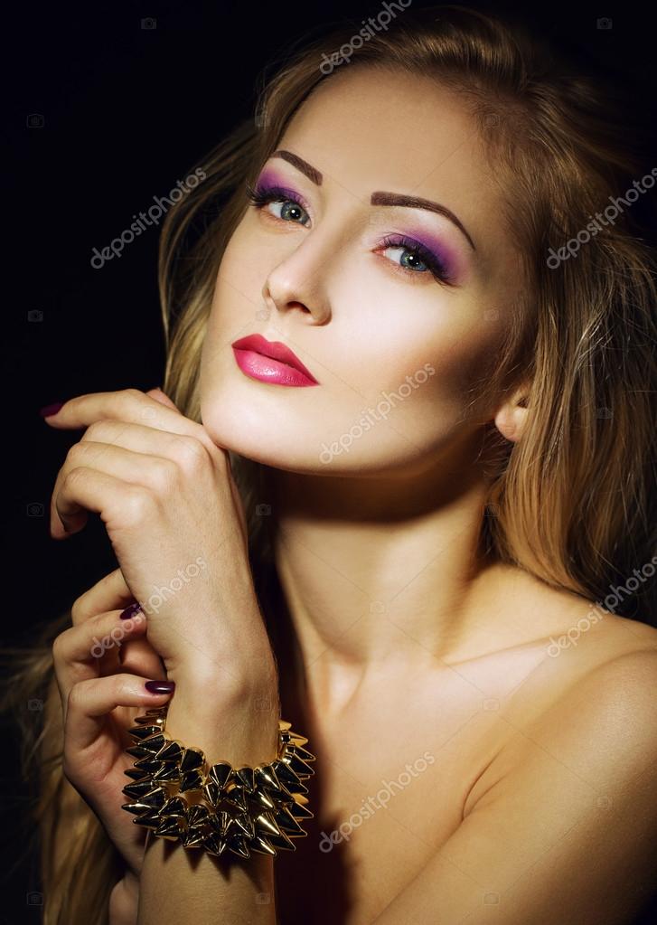 Beautiful Girl With Perfect Skin Blond Hair And Blue Eyes Posing Beautiful Girl With Perfect Skin Blond Hair And Blue Eyes Posing On The Black Background Close Up Portrait Interesting Make Purple Color
