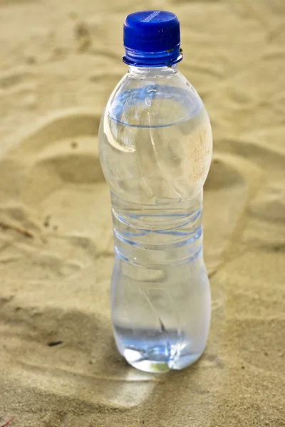 A water bottle in the sand
