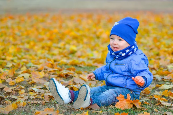 Kid sitting in the yellow leaves in the park