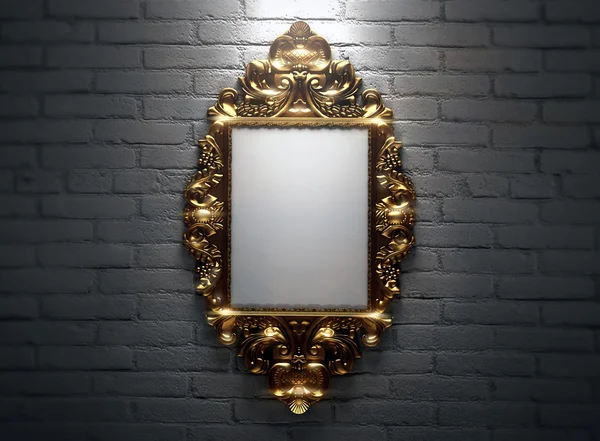 Vintage gold picture frame on white gray brick wall