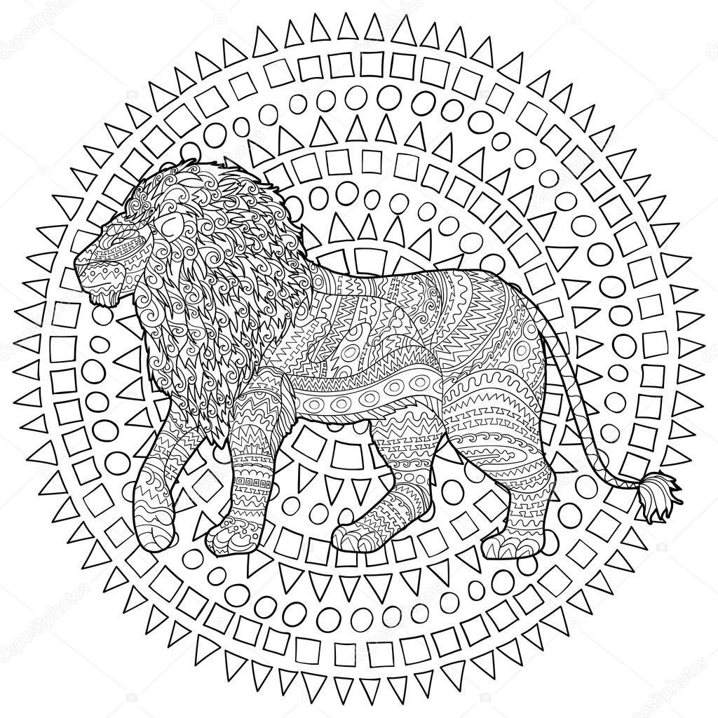 Adult coloring page for antistress art therapy Hand drawn lion in zentangle style Zendoodle ornamental outline template for t shirt tattoo