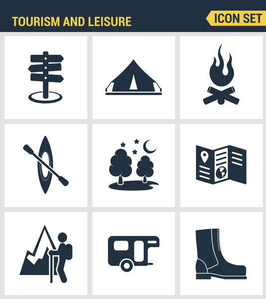 Icons set premium quality of outdoor recreation activity and hiking tourism. Modern pictogram collection flat design style symbol collection. Isolated white background.