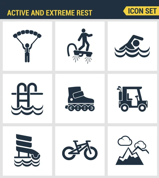 Icons set premium quality of active and extreme rest holiday weekend sports hobby life style. Modern pictogram collection flat design style symbol collection. Isolated white background.