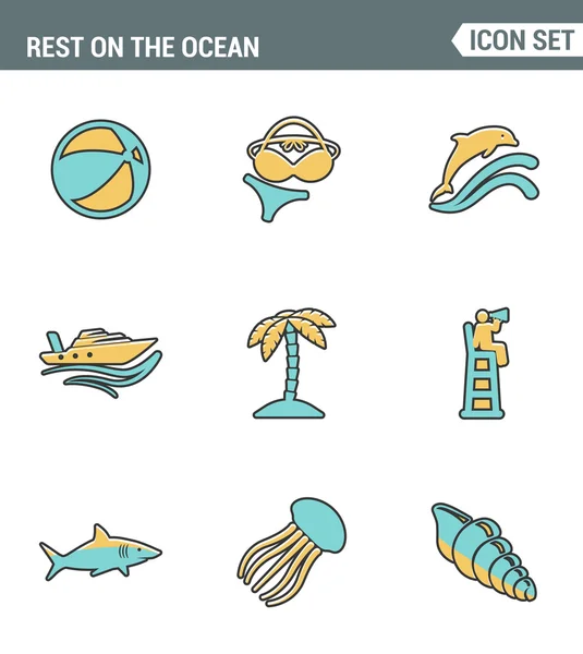 Icons line set premium quality of rest on the ocean swimming travel recreation holiday summer. Modern pictogram collection flat design style symbol . Isolated white background