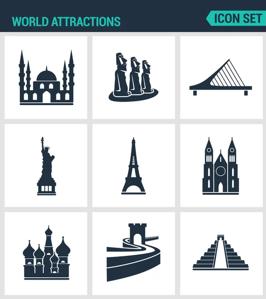 Set of modern vector icons. World attractions Mosque, rapa nui, Bridge, Statue Liberty, Eiffel Tower, Church, Wall, Pyramid. Black signs on a white background. Design isolated symbols and silhouettes