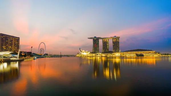 Singapore,Singapore  April 2016 : Aerial view of Singapore city skyline in sunrise or sunset at Marina Bay, Singapore