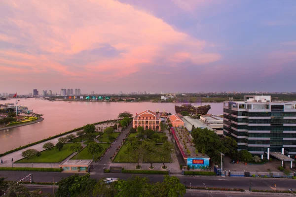 Ho Chi Minh City, Vietnam - March 08 2015 : Dragon House Wharf ( Ben Nha Rong ) or Ho Chi Minh Museum at the junction of the Ben Nghe Canal and the Saigon River, Vietnam at sunset