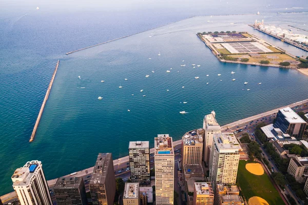 Cityscape of Chicago. Aerial view of Chicago downtown at sunset from high above