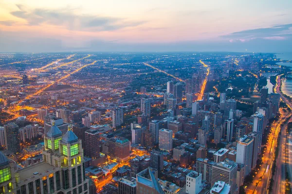 Cityscape of Chicago. Aerial view of Chicago downtown at sunset from high above