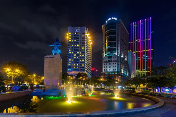 Night view of the Me Linh square and buildings around at downtown of in Hochiminh city, Vietnam, near Saigon riverside.