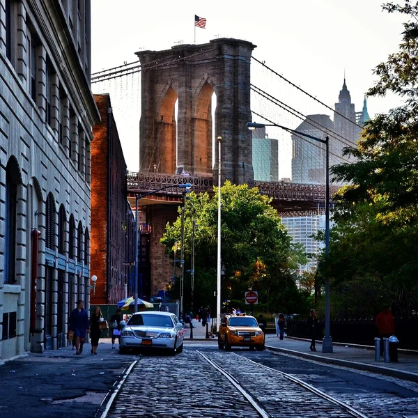 View of Brooklyn Bridge from the street in New York City