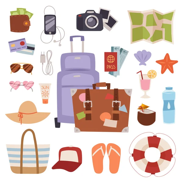 Summer vacation symbols beach travel holiday tourism set flat vector illustration.