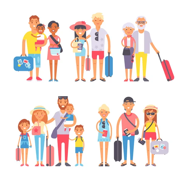 Traveling family group people on vacation together character flat vector illustration.