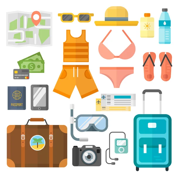 Summer vacation symbols beach travel holiday tourism set flat vector illustration.