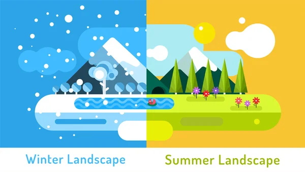 Abstract outdoor summer and winter landscape. Trees nature signs, mountains, river or lake, sun clouds, flowers, cave, snow ice, cold. Design elements.