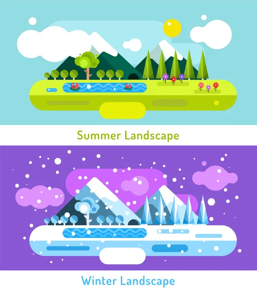 Abstract outdoor summer and winter landscape. Trees nature signs, mountains, river or lake, sun clouds, flowers, cave, snow ice, cold. Design elements.