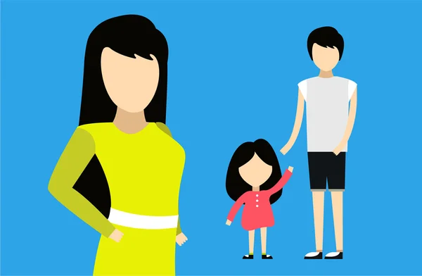 Happy family together. Portrait, home, happy. Mother, father and girl. Family time, summer, vacation. Relationships. People cartoon characters isolated. Red dress, blue t-short. Man, woman  silhouette