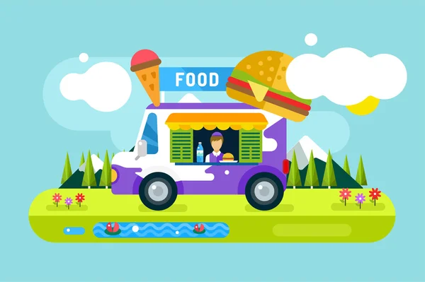 Fast food restaurant car. Food festival outdoor landscape