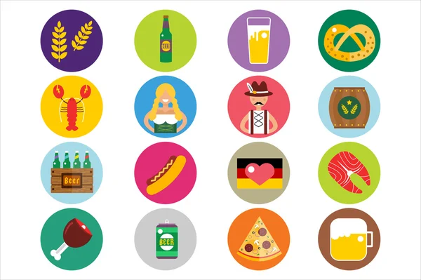 Set of flat Oktoberfest vector icons. Bottle Beer, Food and Drinks