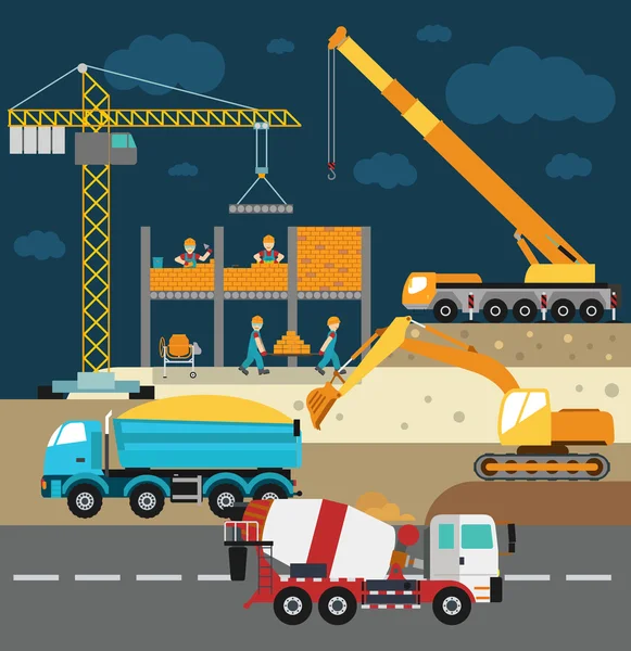 Building under construction, workers and construction technics vector illustration