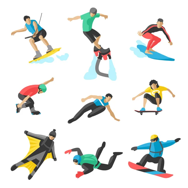 Extreme sport vector people. Parasailing, wakeboard, snowboard, rocker, snowboards, flybord, parkour, extreme, flying, man, bat, acrobatics, aerial, skyserfing, wingsuit