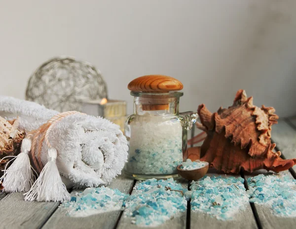 Sea salt, towel, shells for all spa