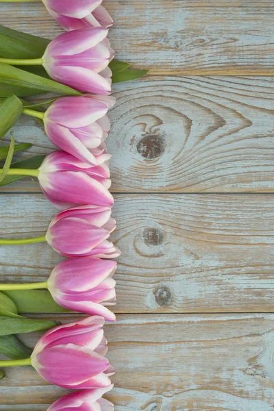 Old grey blue wooden background with pink white tulips border in a row  and empty copy space with wooden spring summer  decoration