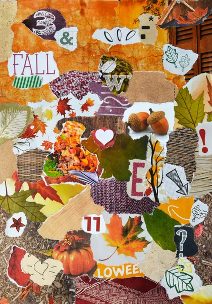 Fall, autmun season Atmosphere  mood board collage in color red, green, yellow, orange and brown made of teared magazine paper with leaves trees, letters, signs,colors and textures