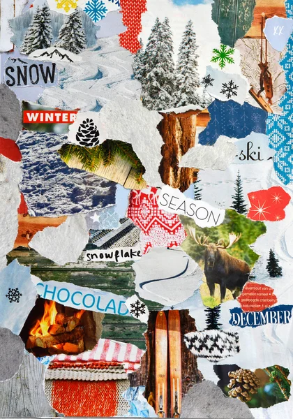 Christmas ,winter Atmosphere mood board collage in color red, blue, white, green made of teared magazine paper with fir trees, letters, signs,colors and textures