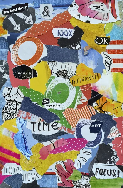 Modern Atmosphere color  blue, red, yellow, green,orange, black and white mood board collage sheet made of teared magazine paper with figures, letters, colors and textures, results in art