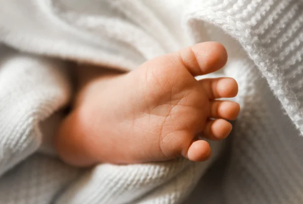 Close up Baby Foot wrapped in white blanket