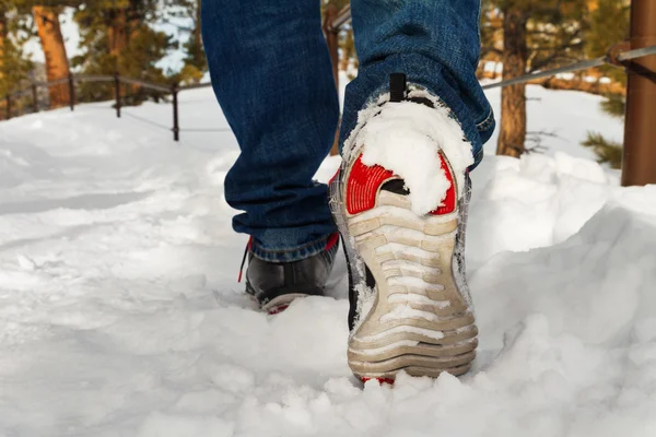 Man walking in running shoes on snow path