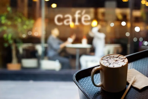 Abstract people in coffee shop and text cafe in front of mirror,