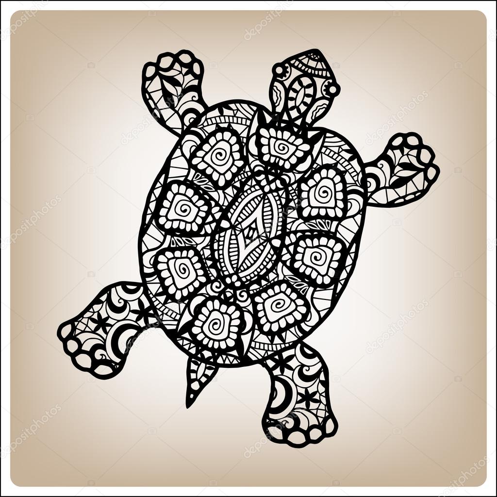 Main dessinée tortue décorative, motif ornemental ethnique, style 