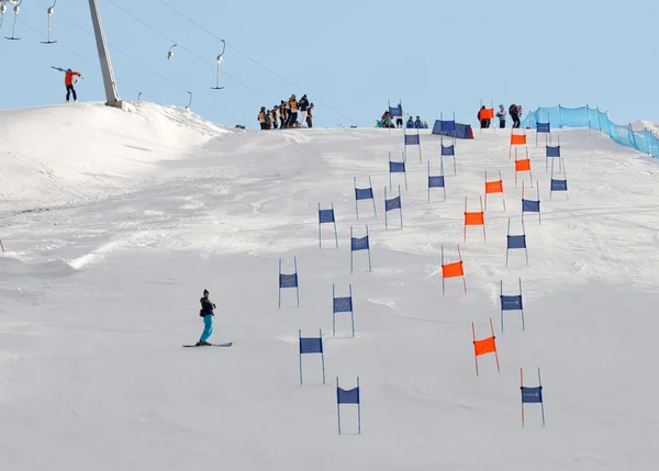 Slalom slope with colorful orange and blue gates