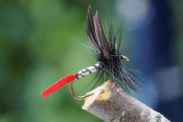 Dry fly fishing fly, silver body, black wings, red tail and leaf