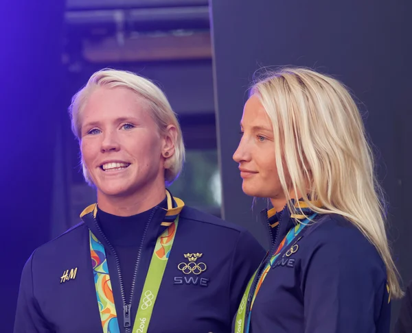 Happy swedish female wrestler Jenny Fransson and Sofia Mattson