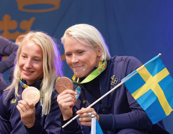 Happy swedish female wrestler Sofia Mattson and Jenny Fransson