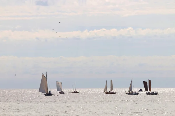 Group of small, old sailing ships towards the horizon
