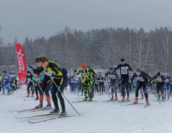 Side view of large group of colorful cross country skiers