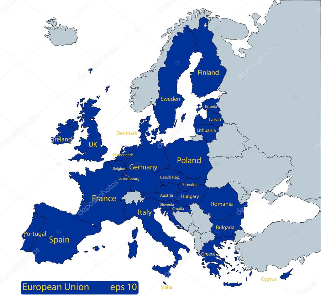 Map of Europe, with EU countries highlighted in blue, and option for