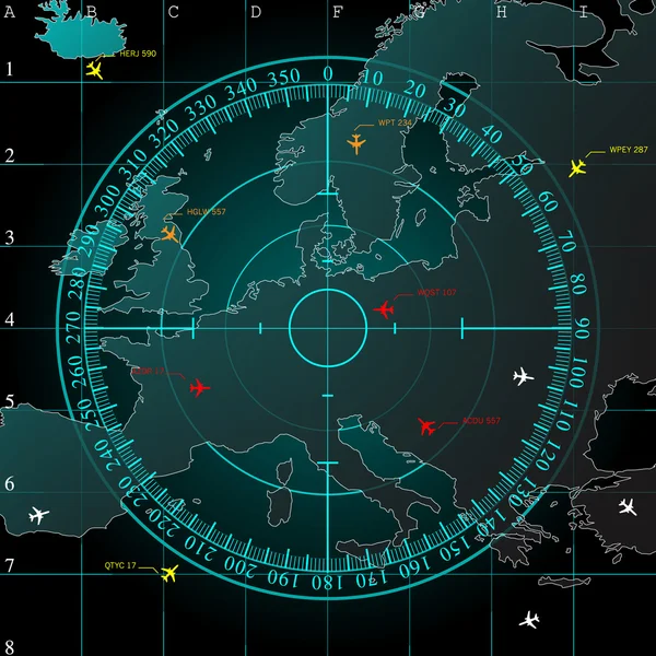 Blue radar screen over square grid lines, and map of Europe territory with smooth light beneath, vector