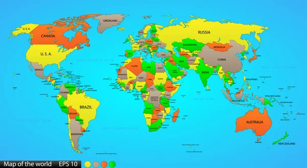 Political world map on ocean blue background, with every state labeled and selectable (labeled in Layers panel also). Versatile file, turn on an off visibility and color of each country in one click.