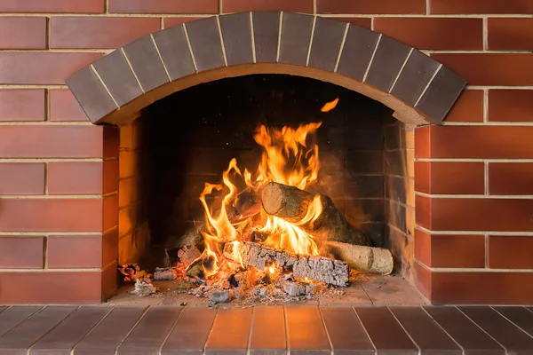 Wood burning fireplace in a bright fire