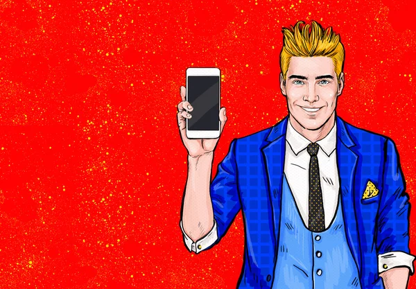 Man with smartphone in the hand in comic style.Man with phone. Man showing mobile phone.
