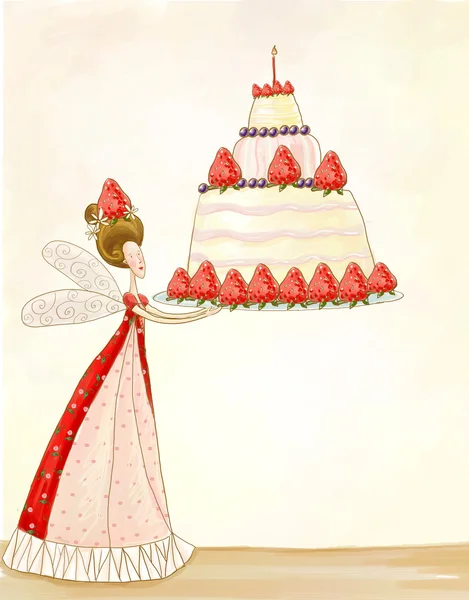 Tea time template design.Bright summer outlines made from tea things. Let\'s tea! Birthday cake.Strawberry\'s fairy with the cake.Children illustration.Wallpaper for magazine, for book, for cafe