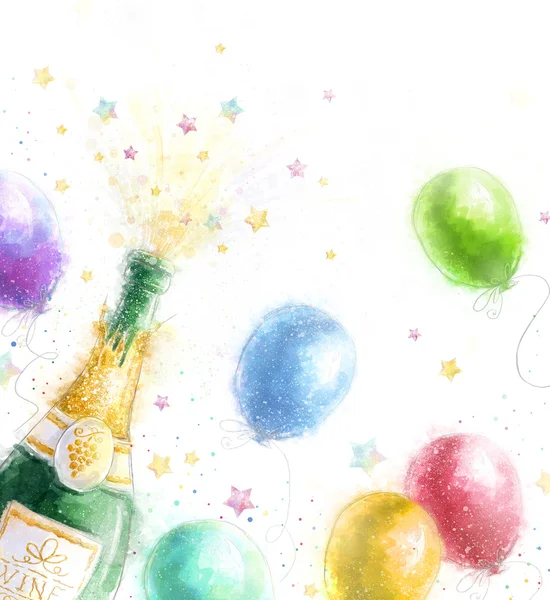 Champagne party. Celebration theme with splashing champagne balloons and stars.Happy Birthday.New Year.Party invitation.Birthday greeting card.