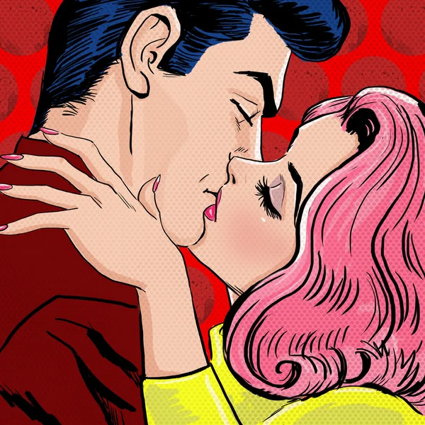Pop Art Kissing Couple.Love Pop Art illustration of Kissing Couple.Pop Art love. Valentines day postcard. Hollywood movie scene.Real love.First kiss. Movie poster. Comic book love. Comic first kiss.