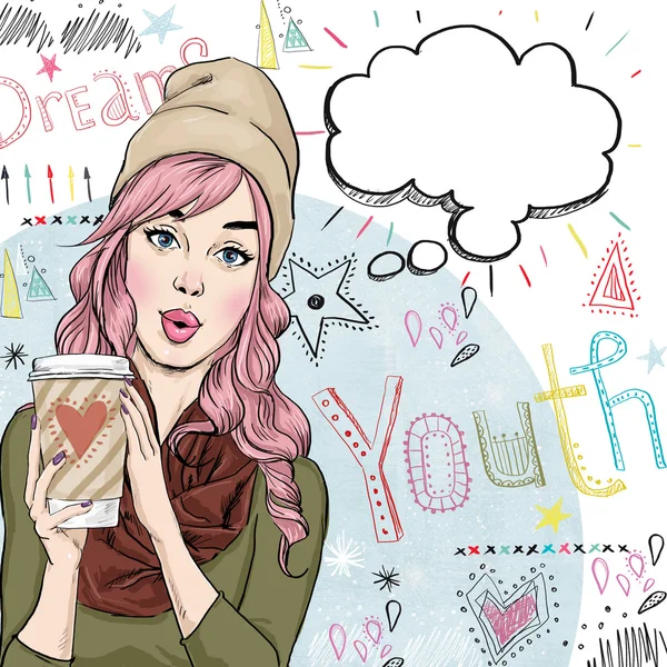 Fashion sketch illustration of girl with coffee cup in the hand with speech bubble. Student girl. Youth.Young girl with thought bubble. Youth style poster.