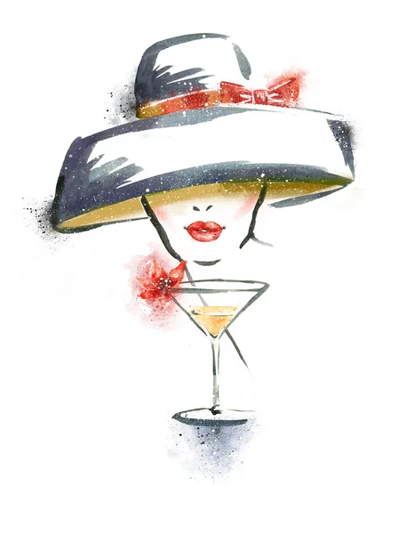 Woman portrait with hat and cocktail.Abstract watercolor .Fashion illustration.Red lips.Party invitation.Cocktail party.